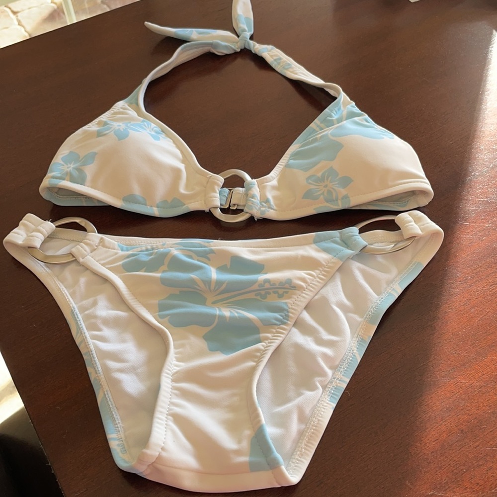 White & Blue Hibiscus Halter Bikini Size Small